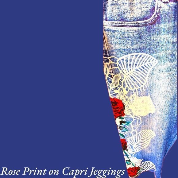 NEW ROSEGAL Plus Size Floral 3D Denim Print Rose Capri Jeggings. - Picture 4 of 14